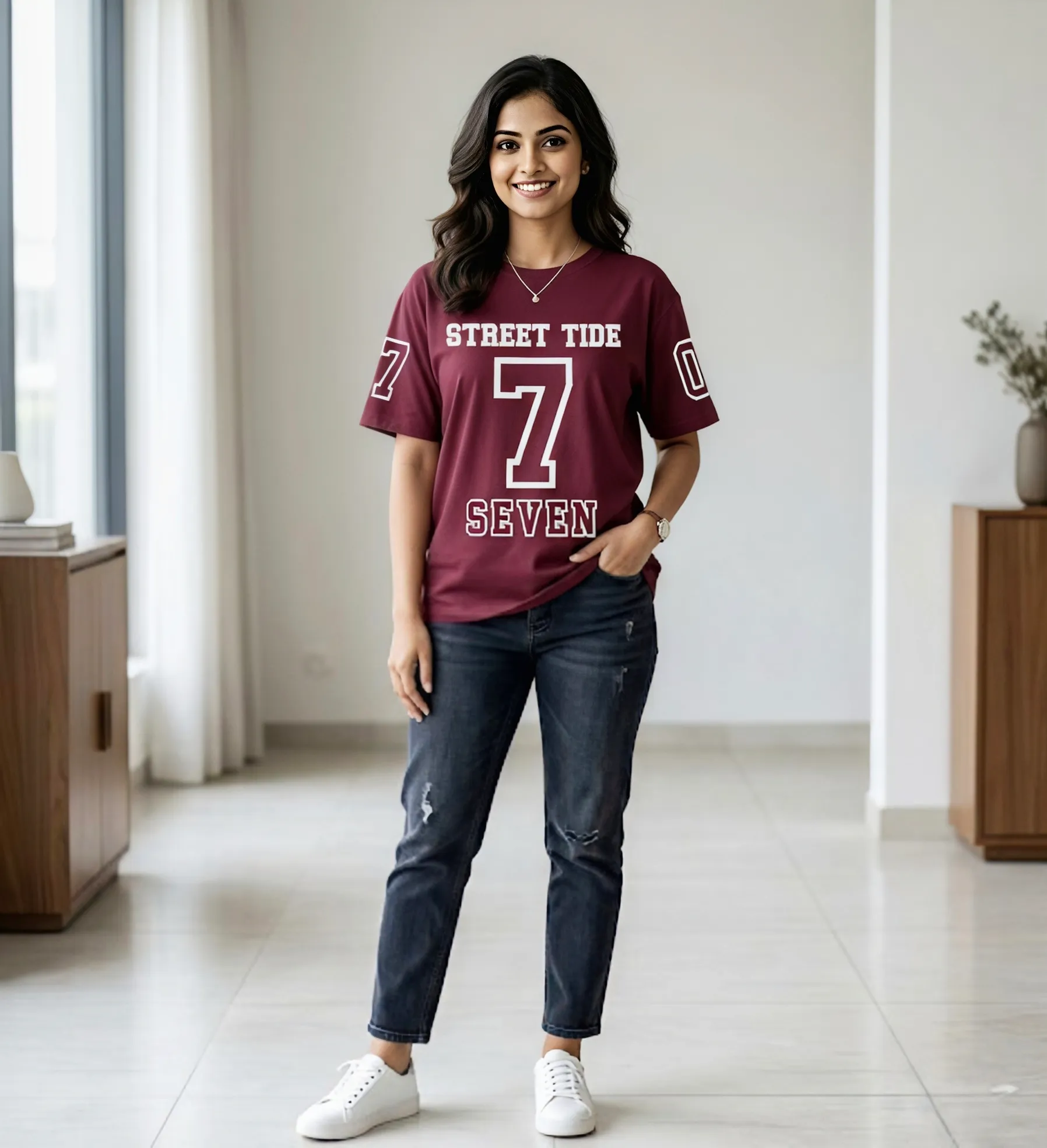 ​Women's Premium Oversized Graphic T-Shirt – Maroon Streetwear Edition